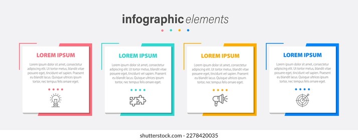 Business infographic thin line process with square template design with different color icons and 4 options or steps. Vector illustration.

