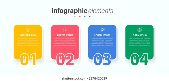 Proceso de línea delgada con infografía de negocio con diseño de plantilla cuadrada con iconos de color diferentes y 4 opciones o pasos. Ilustración vectorial.
