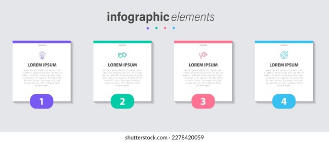 Geschäftsinfographischer Dünnzeilenprozess mit quadratischem Vorlagendesign mit verschiedenen Farbsymbolen und 4 Optionen oder Schritten. Vektorgrafik.
