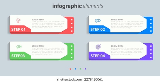 Business infographic thin line process with square template design with different color icons and 4 options or steps. Vector illustration.
