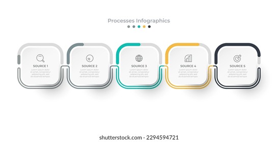 Business Infographic thin line process with square and marketing icons template design with 5 options or steps. Vector illustration.