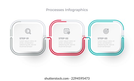 Business Infographic thin line process with square and marketing icons template design with 3 options or steps. Vector illustration.