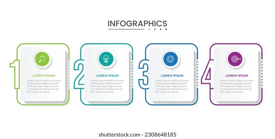 Proceso de línea delgada de infografía empresarial con diseño de plantilla cuadrada con iconos y 4 opciones o pasos. Ilustración vectorial.