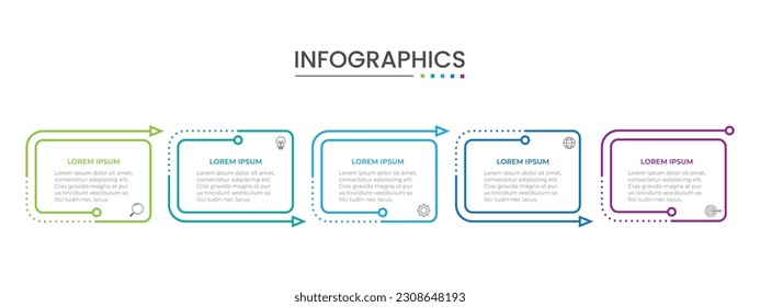 Business infographic thin line process with square template design with icons and 5 options or steps. Vector illustration