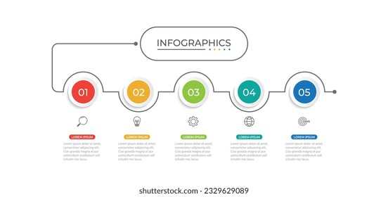 Business infographic thin line process with circle template design with icons and 5 options or steps.