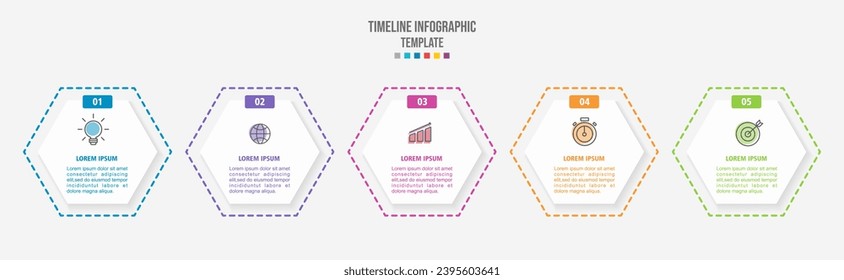 Proceso de línea delgada de infografía de negocio con diseño de plantilla hexagonal con iconos y 5 opciones o pasos. Ilustración del vector