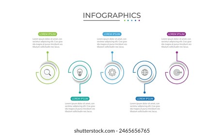 Business infographic thin line process with circle template design with icons and 5 options or steps.