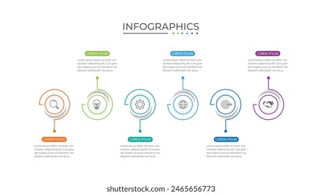 Business infographic thin line process with circle template design with icons and 6 options or steps.