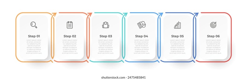 Business infographic thin line process with a square template design with icons and 6 options. Vector illustration with arrow elements for presentations and annual reports.