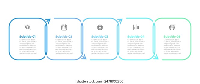 Diseño de gráfico de proceso de línea delgada de infografía de negocios con diseño cuadrado moderno con iconos y 5 opciones o pasos personalizables. Ilustración vectorial.