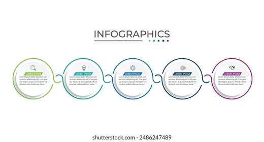 Business infographic thin line process with circle template design with icons and 5 options or steps.