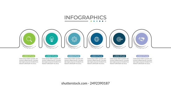 Geschäftsinfografischer Dünnlinienprozess mit kreisförmigem Vorlage-Design mit Symbolen und 6 Optionen oder Schritten.