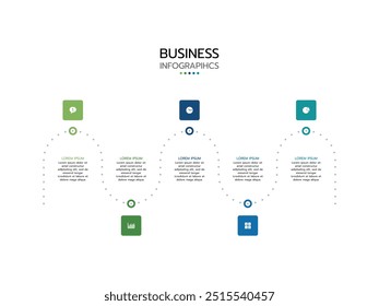 Processo de linha fina de infográfico de negócios com modelo quadrado. Ilustração vetorial. Cronograma processos com 5 opções, etapas ou partes e ícones de marketing.