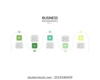 Geschäftsinfographischer Dünnlinien-Prozess mit quadratischer Vorlage. Vektorgrafik. Zeitleiste Prozesse mit 5 Optionen, Schritte oder Teile und Marketing-Symbole.