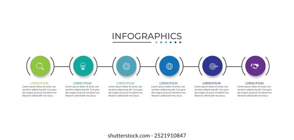 Proceso de línea delgada de infografía de negocios con diseño de Plantilla circular con íconos y 6 opciones o pasos.