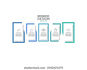 Processo de linha fina de infográfico de negócios com modelo quadrado. Ilustração vetorial. Cronograma processos com 5 ícones, opções, etapas ou partes.