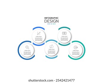 Infografía de negocios proceso de línea delgada con Plantilla cuadrada. Ilustración vectorial. Procesos de línea de tiempo con 5 iconos, opciones, pasos o partes.