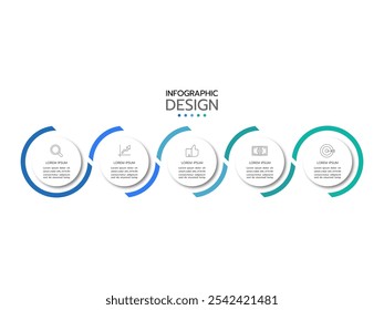 Business infographic thin line process with square template. Vector illustration. Timeline processes with 5 icons, options, steps or parts.