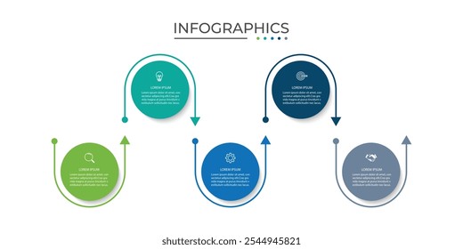 Proceso de línea delgada de infografía de negocios con diseño de Plantilla circular con íconos y 5 opciones o pasos.