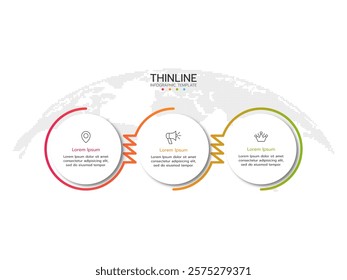 Business infographic thin line process with round template design with icons and 3 options or steps. Vector illustration.