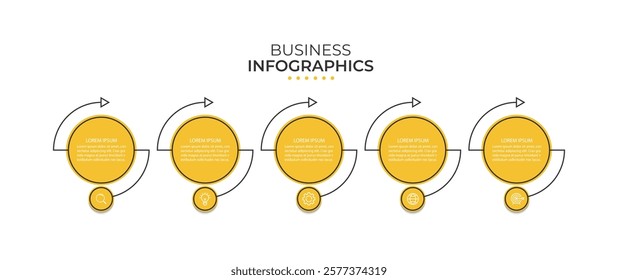 Business infographic thin line process with circle template design with icons and 5 options or steps.