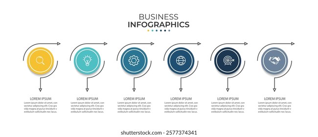 Business infographic thin line process with circle template design with icons and 6 options or steps.