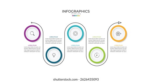 Proceso de línea delgada de infografía de negocios con diseño de Plantilla circular con íconos y 5 opciones o pasos.