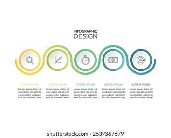 Processo de linha fina de infográfico de negócios com modelos de elementos e ícones. Ilustração vetorial. Cronograma processos com 5 opções, etapas ou partes.