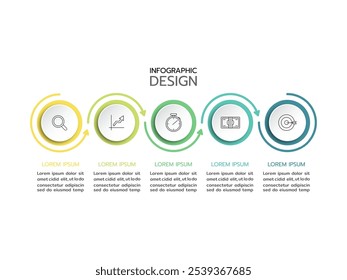 Business infographic thin-line process with elements template and icons. Vector illustration. Timeline processes with 5 options, steps, or parts.