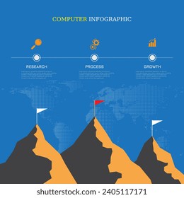 Infografía empresarial de tres montañas con bandera en la parte superior, línea de tiempo con icono relacionado, fondo azul con mapa, liderazgo y exitoso concepto de ganador de estrategia, forma editable y objeto