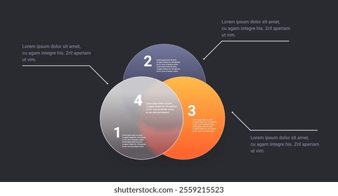 Business infographic with three overlays round panel on dark background. Glass morphism strategy graphic template