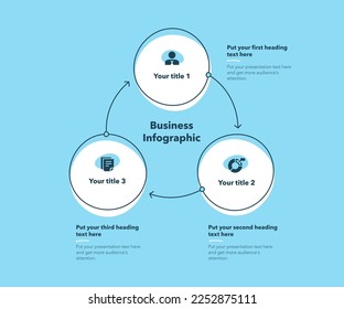 Infografía de negocios con tres pasos - versión azul. Diseño gráfico plano con iconos minimalistas.