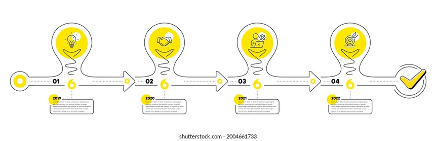 Infografik-Zeitleiste für Unternehmen mit 4 Schritten. Infografiken zum Lightbulb-Reiseweg. Workflow-Prozessdiagramm mit Idea, Deal Handshake, Working Employee and Goal target line Icons. Vektorgrafik
