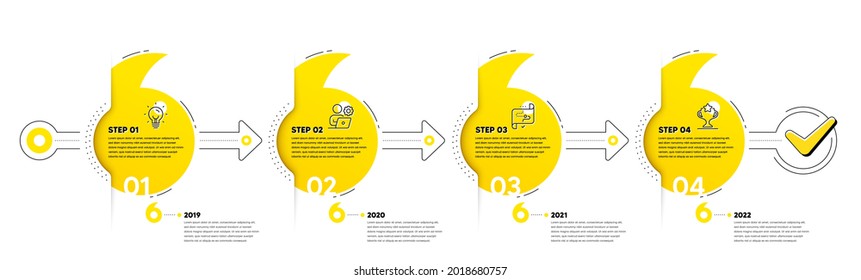 Business Infographic Timeline With 4 Steps. Quotes Journey Path Infographics. Workflow Process Diagram With Idea Bulb, Working Employee, Journey Path And Winner Cup Line Icons. Vector