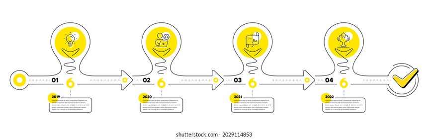 Business Infographic Timeline With 4 Steps. Lightbulb Journey Path Infographics. Workflow Process Diagram With Idea Bulb, Working Employee, Journey Path And Winner Cup Line Icons. Vector