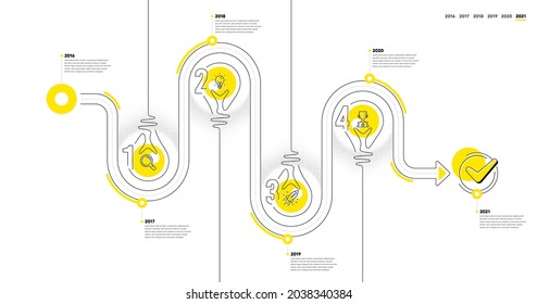 Business Infographic timeline with 4 steps. Lightbulb journey path infographics. Workflow process diagram with Research, Idea bulb, Startup rocket and Winner cup line icons. Vector