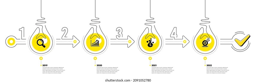 Business Infographic timeline with 4 steps. Workflow process diagram with Research, Growth chart, Money bag and Goal target icons. Timeline infograph diagram. Vector