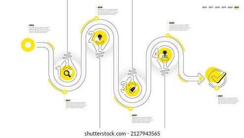 Business Infographic Timeline With 4 Steps. Lightbulb Journey Path Infographics. Workflow Process Diagram With Research, Idea Bulb, Startup Rocket And Winner Cup Icons. Vector