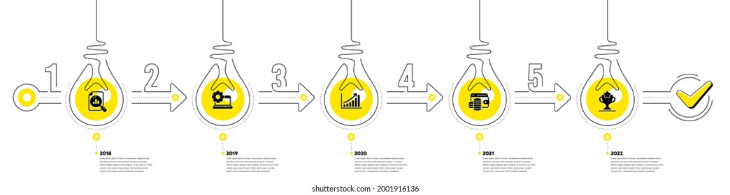 Business Infographic timeline with 5 steps. Workflow process diagram with Research, Data Analysis, Money earn and Winner cup icons. Timeline infograph diagram. Vector