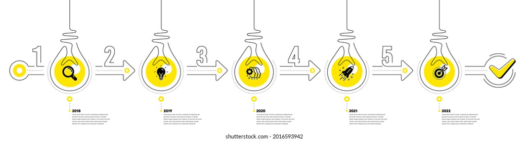 Business Infographic timeline with 5 steps. Workflow process diagram with Research Idea, Teamwork, Startup rocket and Goal target icons. Timeline infograph diagram. Vector