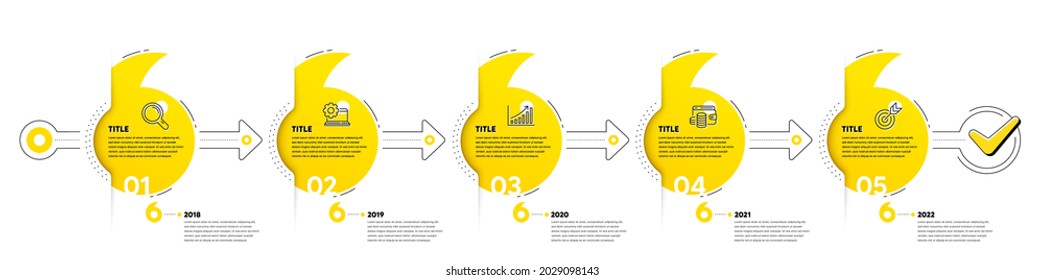 Business Infographic timeline with 5 steps. Quotes bookmarks journey infographics. Workflow process diagram with Idea, Data Analysis, Money earn and Goal target line icons. Vector