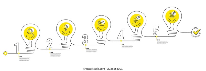 Business Infographic timeline with 5 steps. Lightbulb journey path infographics. Workflow process diagram with Research Idea, Teamwork, Startup rocket and Goal target line icons. Vector