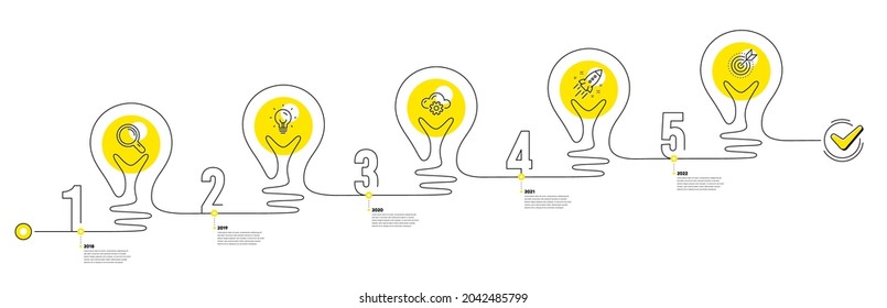 Business Infographic timeline with 5 steps. Lightbulb journey path infographics. Workflow process diagram with Research Idea, Working, Startup rocket and Goal target line icons. Vector