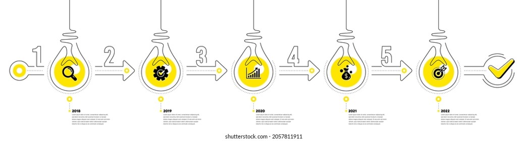 Business Infographic timeline with 5 steps. Workflow process diagram with Research Idea, Data Analysis, Money earn and Goal target icons. Timeline infograph diagram. Vector