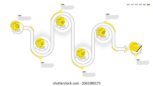 Escala de tiempo de Business Infographic con 5 pasos. infografías de flujo de trabajo de ruta de viaje. Diagrama de procesos de flujo de trabajo con los iconos de línea de destino Idea de investigación, Trabajo, cohete de inicio y Objetivo. Vector