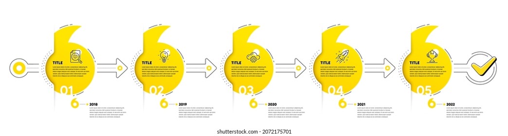 Business Infographic Timeline With 5 Steps. Quotes Bookmarks Journey Infographics. Workflow Process Diagram With Idea, Work, Startup Rocket And Winner Cup Line Icons. Vector