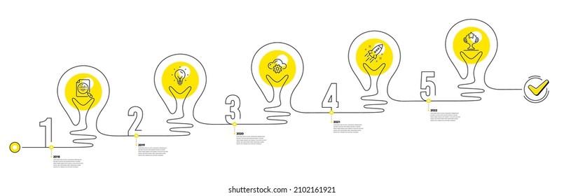 Business Infographic timeline with 5 steps. Lightbulb journey path infographics. Workflow process diagram with Idea, Work, Startup rocket and Winner cup line icons. Timeline infograph diagram. Vector