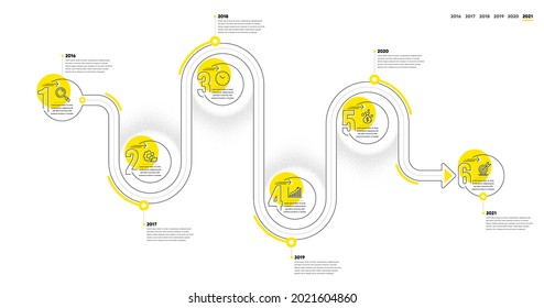 Business Infographic Timeline With 6 Steps. Journey Path Workflow Infographics. Workflow Process Diagram With Research, Working Time, Growth Chart And Goal Target Line Icons. Vector