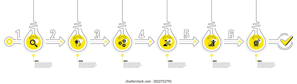 Business Infographic timeline with 6 steps. Workflow process diagram with Research Idea, Working, Startup rocket and Goal target icons. Timeline infograph diagram. Vector