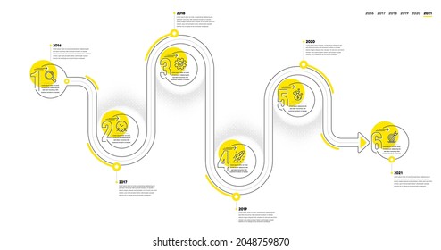 Business Infographic Timeline With 6 Steps. Journey Path Workflow Infographics. Workflow Process Diagram With Research Idea, Working Time, Money Earn And Goal Target Line Icons. Vector